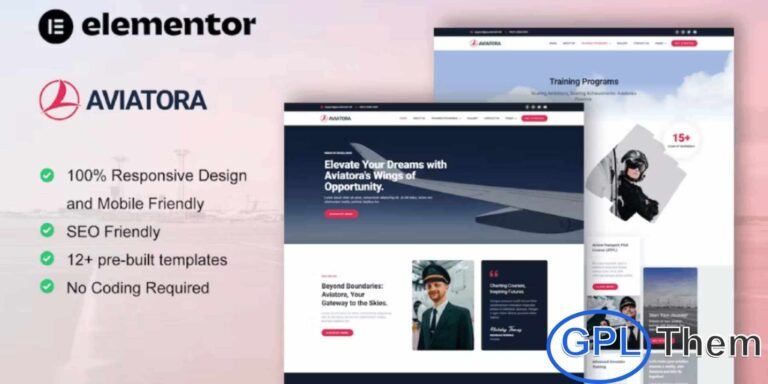 Aviatora – Aviation & Flight School Elementor Pro Template Kit Aviatora is a professional Elementor Pro Template Kit designed for aviation businesses, flight schools, and pilot training academies. With a clean, modern, and visually appealing design, it allows you to easily build websites for aviation services, pilot and cabin crew training, flight academies, or other aviation-related businesses.