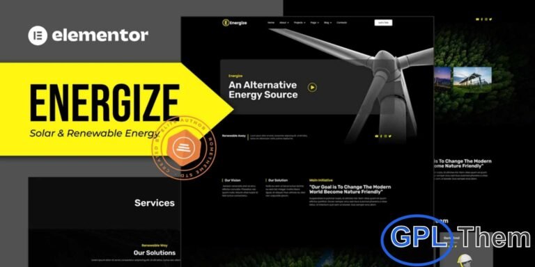 Energize – Solar & Renewable Energy Elementor Template Kit Energize is a modern Elementor Template Kit designed for solar, renewable energy, and eco-friendly businesses. Perfect for energy companies, wind and hydro power providers, and green technology projects, this kit features a fully responsive and customizable design with a dark, professional style.