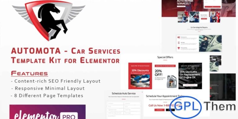 Automota – Car Repair Services Elementor Template Kit Automota is a professional Elementor Template Kit designed for car repair shops, automotive service centers, and vehicle maintenance businesses. It features a modern, clean, and responsive design that allows you to showcase your services, team, and special offers effectively. The kit uses demo images from Envato Elements; you will need to license these images for use on your website, or you can easily replace them with your own visuals.