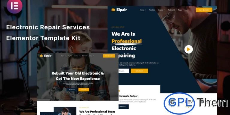 Elpair – Electronic Repair Services Elementor Template Kit Elpair is a modern Elementor Template Kit designed for electronic repair service businesses, including smartphones, computers, tablets, and other devices. This kit features clean and professional layouts, making it easy to showcase your services, pricing, team, and customer testimonials.