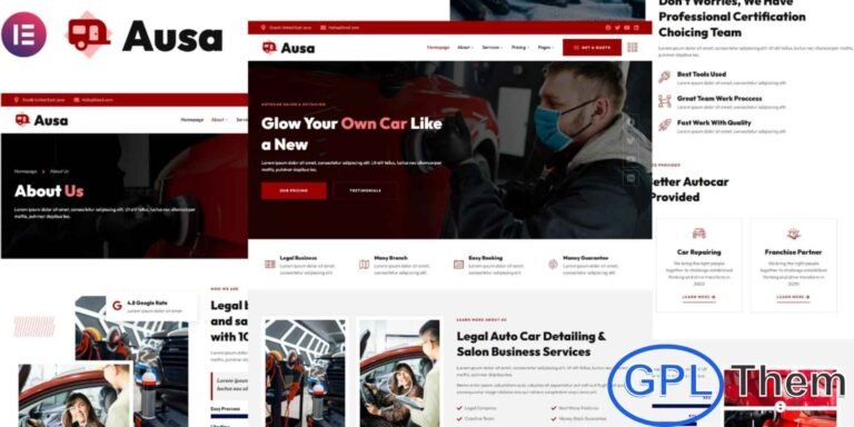 Ausa – Autocar Salon & Detailing Services Elementor Template Kit Ausa is a professional Elementor Template Kit designed for autocar salons, car detailing services, and automotive care businesses. Featuring a clean and modern design, this kit is perfect for showcasing your services, team, and special offers. Compatible with the free version of Elementor, Ausa allows you to easily customize layouts, colors, fonts, and content using the intuitive drag-and-drop builder.
