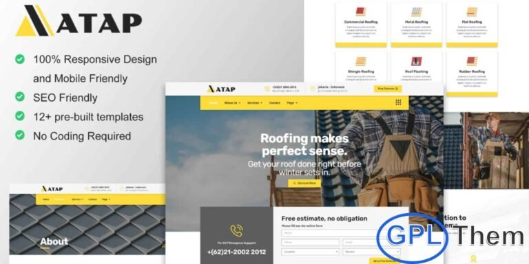 Atap – Roofing Service & Construction Elementor Template Kit Atap is a professional Elementor Template Kit designed for roofing services, construction companies, renovation experts, and home improvement businesses. Featuring 12+ pre-built templates with a modern, clean, and simple design, Atap makes it easy to create a professional website that showcases your services, projects, and expertise.