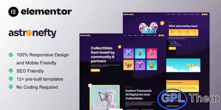 Astronefty – NFT Portfolio Elementor Template Kit Astronefty is a professional Elementor Template Kit designed for NFT portfolios, digital art collections, and crypto-collectible websites. Featuring a modern, sleek, and professional design, it is perfect for showcasing digital assets, NFTs, and creative projects.