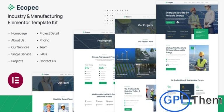 Ecopec – Solar & Renewable Energy Elementor Template Kit Ecopec is a modern and professional Elementor Template Kit designed for solar energy, renewable energy, and clean energy businesses. This kit is perfect for companies offering solar panel installation, green energy solutions, eco-friendly power systems, and related services.