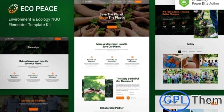 EcoPeace – Environment & Ecology NGO Elementor Template Kit EcoPeace is a professionally designed Elementor Template Kit tailored for environmental organizations, ecological foundations, NGOs, fundraising campaigns, and donation-based initiatives. With its modern and visually appealing layout, this template kit ensures a fully responsive design that looks stunning on all devices.
