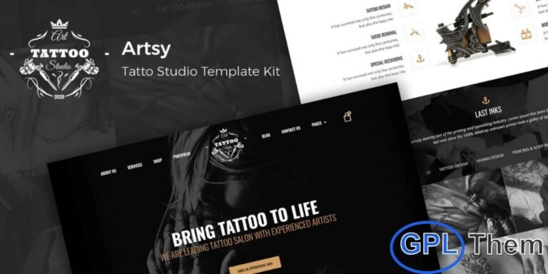 Artsy – Tattoo Studio Elementor Template Kit Artsy is a bold and stylish Elementor Template Kit designed specifically for tattoo studios, tattoo artists, piercing shops, barbershops, and beauty grooming services. With its edgy and modern layout, this kit gives your website a striking visual appeal that perfectly represents the tattoo and grooming industry.
