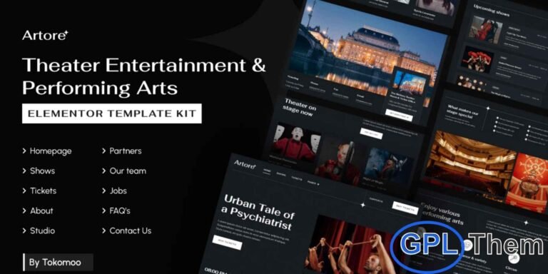 Artore – Theater Entertainment & Performing Arts Elementor Template Kit Artore is a modern and elegant Elementor Template Kit designed for theaters, performing arts centers, cinema events, online ticket booking, opera houses, drama groups, comedy shows, and arts & culture organizations. Featuring a beautifully crafted and unique design, Artore offers a 100% responsive, retina-ready layout that ensures a seamless experience across all devices.