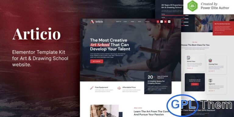Articio – Art & Drawing School Elementor Template Kit Articio is a modern and clean Elementor Template Kit designed for art and drawing schools, creative design courses, art studios, online classes, music schools, and other educational or creative businesses. Featuring a professional and visually appealing layout, this kit offers a 100% responsive, retina-ready design that ensures a seamless user experience across all devices.