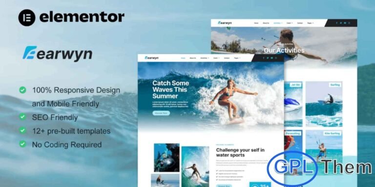 Earwyn – Water Sports & Surfing Elementor Pro Template Kit Earwyn is a professional Elementor Pro Template Kit designed for water sports, surfing clubs, and adventure activity websites. With its clean, modern, and visually engaging design, this template makes it easy to showcase surfing, jet skiing, scuba diving, parasailing, kite surfing, and other water-based activities.