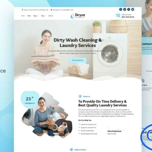 Dryze – Dry Cleaning & Laundry Service Elementor Template Kit Dryze is a modern and professional Elementor Template Kit designed for dry cleaning businesses, laundry services, carpet and floor cleaning, and other home care services. Featuring a clean, visually appealing design, Dryze ensures a fully responsive and retina-ready layout that looks perfect on all devices.