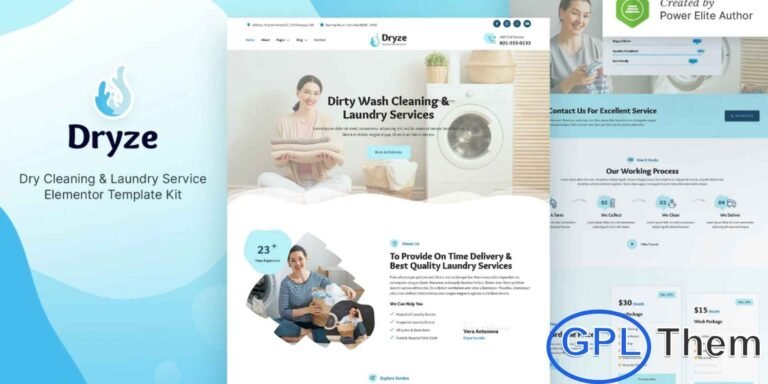 Dryze – Dry Cleaning & Laundry Service Elementor Template Kit Dryze is a modern and professional Elementor Template Kit designed for dry cleaning businesses, laundry services, carpet and floor cleaning, and other home care services. Featuring a clean, visually appealing design, Dryze ensures a fully responsive and retina-ready layout that looks perfect on all devices.