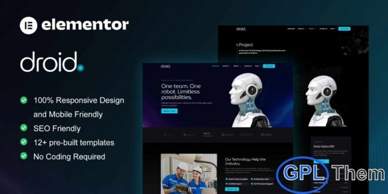 Droid – Robotics & Technology Services Elementor Template Kit Droid is a sleek and modern Elementor Template Kit designed for robotics, technology, and IT service companies. Featuring a professional dark-style design, Droid provides a clean and contemporary layout ideal for showcasing products, services, and innovative solutions.