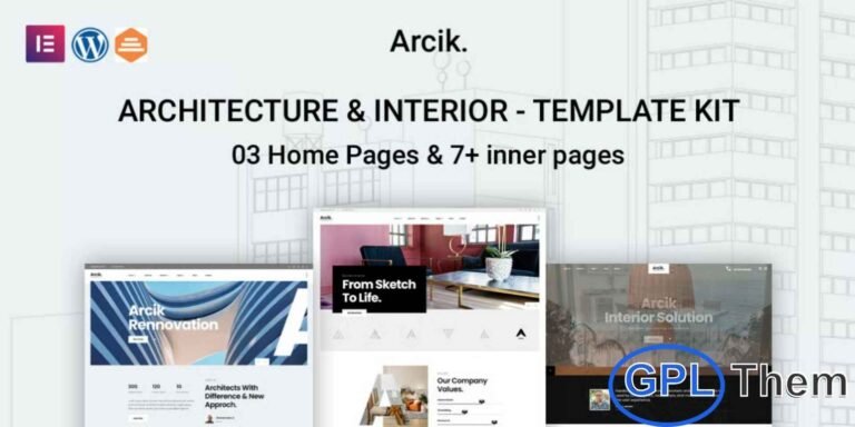 Arcik – Architecture & Interior Elementor Template Kit Arcik is a modern and fully-featured Architecture & Interior Elementor Template Kit designed for businesses in the architecture, real estate, furniture, and interior design industries. With its clean, elegant, and professional layout, this kit helps you create a stunning online presence without any coding.