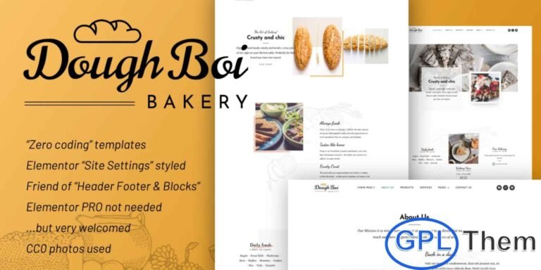 DoughBoiBakery – Bakery & Cakery Elementor Template Kit DoughBoiBakery is a modern and fully customizable Elementor Template Kit designed specifically for bakeries, cakery boutiques, and dessert shops. Featuring a clean, unique, and visually appealing design, this template kit provides a 100% responsive layout that looks perfect on all devices.