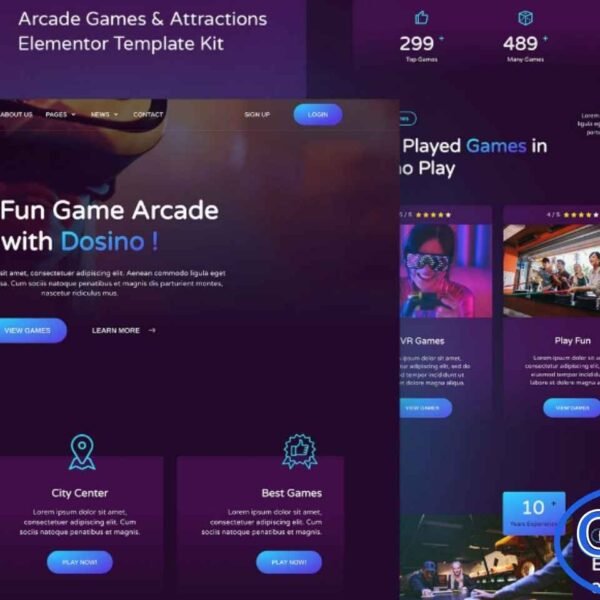 Dosino – Arcade Games & Attractions Elementor Template Kit Dosino is a modern and professional Elementor Template Kit designed for game arcades, game studios, entertainment centers, and related businesses. Featuring a clean and engaging design, Dosino provides a fully responsive and retina-ready layout that looks great on all devices.