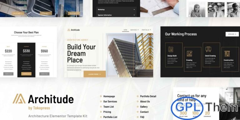 Architude – Architecture Agency & Interior Design Elementor Template Kit Architude is a sleek and modern Elementor Template Kit designed for architecture firms, interior designers, landscape architects, real estate developers, and furniture studios. With its elegant and unique layout, this template kit helps you create a polished and professional website effortlessly.