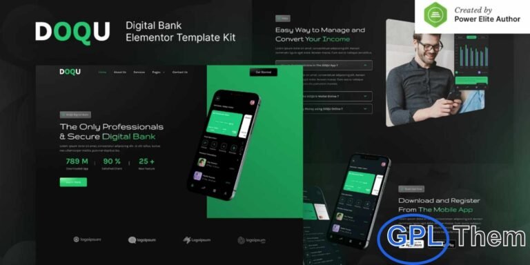 DOQU – Dark Digital Bank & E-Wallet Elementor Template Kit DOQU is a sleek and modern Elementor Template Kit designed for Digital Banking, E-Wallet platforms, Fintech startups, Blockchain services, Cryptocurrency projects, and Financial Technology websites. Featuring a stylish dark UI combined with vibrant gradient elements, this kit delivers a premium and futuristic look ideal for finance-driven digital platforms.