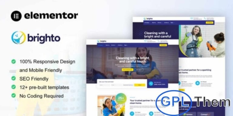 Brighto – Cleaning Service Company Elementor Pro Template Kit Brighto is a professional and modern Elementor Pro Template Kit designed specifically for cleaning service companies and home maintenance businesses. This template kit offers all the essential tools to create a clean, responsive, and user-friendly website for your cleaning services without any coding skills.