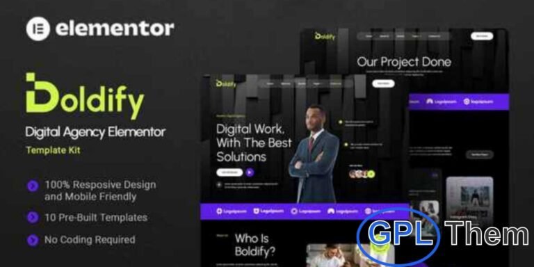 Boldify – Digital Agency Elementor Template Kit Boldify is a creative and professional Elementor Template Kit built to help you create stunning digital agency websites quickly and easily using the Elementor Page Builder for WordPress. Perfect for marketing agencies, creative studios, freelancers, and startups, this kit features modern layouts, responsive design, and easy customization options.
