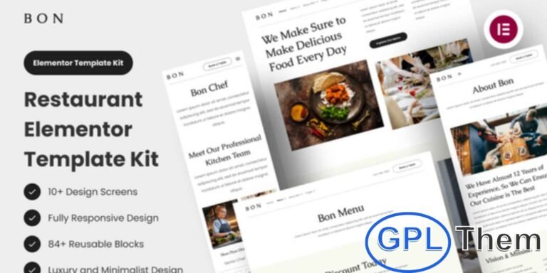 Bon – Restaurant Elementor Template Kit Bon is an elegant and minimalist Elementor Template Kit designed for restaurants, fine dining, cafes, and culinary businesses that value sophistication and style. Featuring a clean layout, refined typography, and a luxurious aesthetic, Bon helps you create a modern restaurant website that leaves a lasting impression.