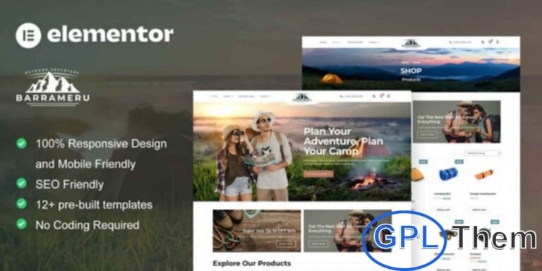 Barrameru – Outdoor Adventure & Camping Store Elementor Pro Template Kit Barrameru is a powerful Elementor Pro Template Kit designed for outdoor adventure, camping, and travel gear stores. Perfect for building WooCommerce-powered eCommerce websites, this kit lets you showcase and sell camping equipment, hiking gear, and adventure accessories with ease.