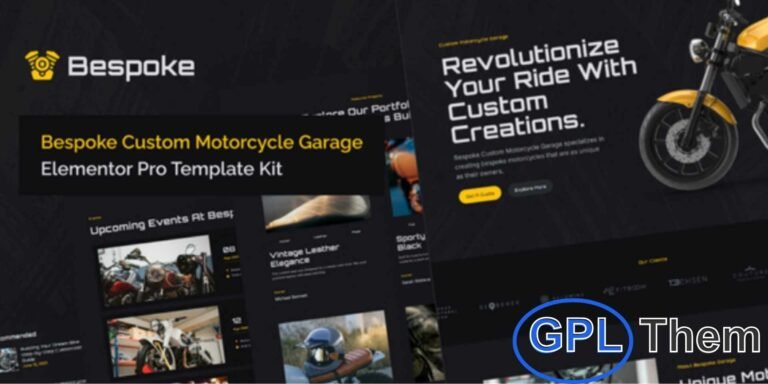 Bespoke – Custom Motorcycle Garage Elementor Pro Template Kit Bespoke is a premium Elementor Pro Template Kit designed for custom motorcycle garages, bike builders, and mechanics who want to showcase their craftsmanship in style. Built to leverage the power of WordPress and Elementor, this kit offers a smooth drag-and-drop experience, letting you create a stunning, fully functional website without any coding.