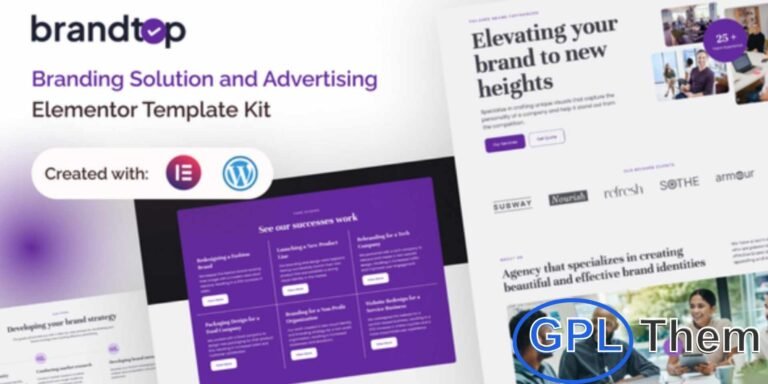 Brandtop – Branding Solution & Advertising Elementor Template Kit Brandtop is a premium Elementor Pro Template Kit designed for branding agencies, creative studios, and advertising professionals who want to build a strong and professional online presence. This kit combines the power of Elementor Pro with the flexibility of WordPress, allowing you to create a visually captivating and high-performing website effortlessly.