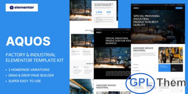 Aquos – Factory & Industrial Elementor Pro Template Kit Aquos is a professional Elementor Pro Template Kit specially crafted for Factory, Industrial, Manufacturing, and Engineering websites. Perfect for businesses in construction, robotics, metallurgy, chemical production, and industrial machinery, this kit helps you build a powerful and modern online presence with ease.