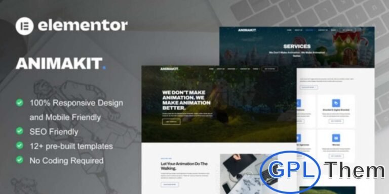Animakit – Animation Studio Elementor Pro Template Kit Animakit is a modern and creative Elementor Pro Template Kit specially designed for animation studios, video production companies, and digital creative agencies. It features 12+ professionally designed templates with a sleek, dynamic layout that perfectly showcases animation projects, motion graphics, 2D/3D animation, and film production services.