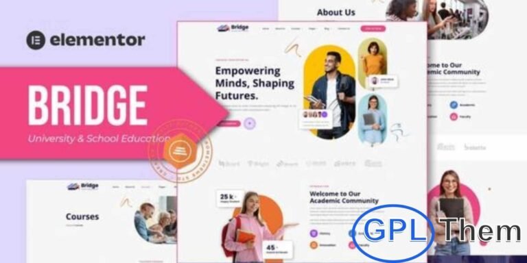 Bridge – University & School Education Elementor Template Kit Bridge is a modern and professional Elementor Template Kit designed specifically for universities, schools, academies, and educational institutions. This kit helps you build a visually engaging and functional website that enhances your institution’s online presence and attracts new students effortlessly.