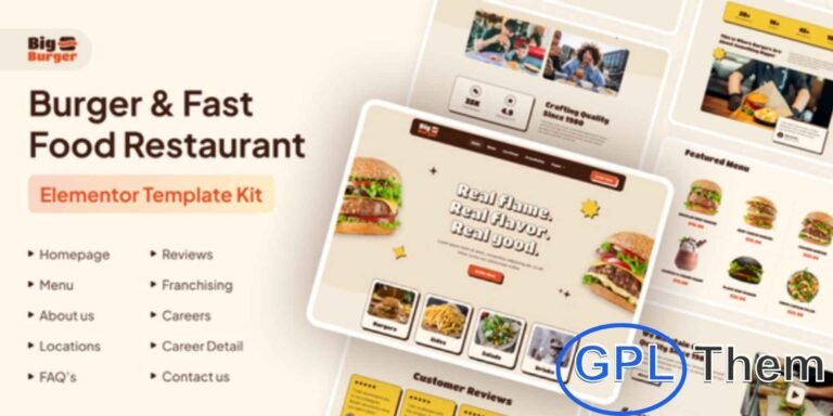 BigBurger – Burger & Fast Food Restaurant Elementor Template Kit BigBurger is a modern and stylish Elementor Pro Template Kit designed for burger bars, fast food outlets, cafes, restaurants, and street food businesses. Featuring a creative and unique design, this kit helps you build a mouthwatering website that perfectly showcases your menu and brand.