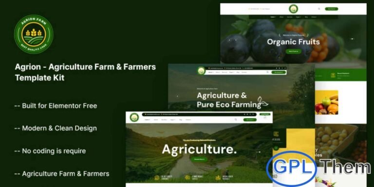 Agrion – Agriculture Farm & Farmers Elementor Template Kit Agrion is a modern and fully responsive Elementor Template Kit designed for agriculture businesses, farms, and organic product websites. Perfect for farmers, dairy farms, eco-friendly farms, and gardening services, Agrion provides a clean and professional layout that highlights your products and services effectively.