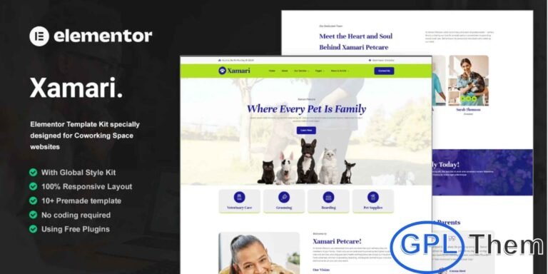 Xamari – Pet Care Services Elementor Template Kit Xamari is a charming and modern Elementor Template Kit crafted specifically for pet care businesses, animal clinics, grooming centers, pet boarding facilities, and veterinary services. Designed to highlight your services with warmth and professionalism, this kit includes beautifully structured templates for showcasing pet care programs, grooming packages, staff profiles, and clinic information.