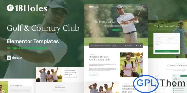 18Holes – Golf & Country Club Website Elementor Template Kit 18Holes is a premium Elementor Template Kit crafted specifically for golf clubs, country clubs, and outdoor sports facilities. This template kit offers 18 professionally designed pages and section templates, making it easy to build a polished, high-performance website on WordPress.