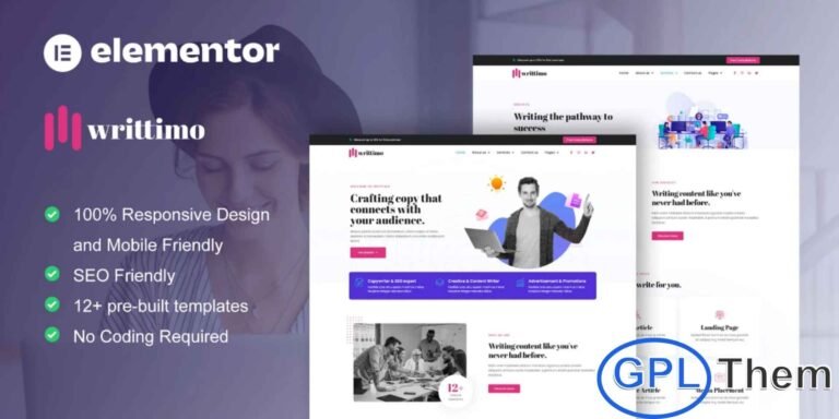 Writtimo – Content Writing Service Agency Elementor Template Kit Writtimo is a professionally crafted Elementor Template Kit designed specifically for content writing agencies, copywriters, editorial services, and digital marketing writers. With 12+ beautifully designed templates, this kit helps you build a polished and persuasive website that highlights your writing services, portfolio, expertise, and client testimonials.