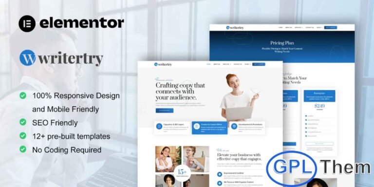 Writertry – Content Writing Service Agency Elementor Pro Template Kit Writertry is a premium Elementor Pro Template Kit tailored for content writing agencies, copywriters, editorial professionals, and digital marketing writers. Featuring 12+ beautifully crafted templates, this kit offers a clean, modern design that helps you showcase your services, portfolio, expertise, and pricing in a compelling and professional format.