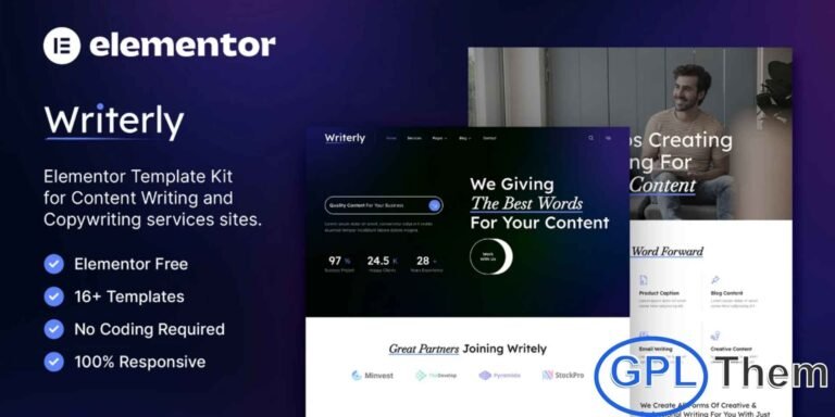 Writerly – Content Writing & Copywriting Elementor Template Kit Writerly is a sleek and modern Elementor Template Kit designed to help you build a professional website for Content Writing Services, Copywriting Agencies, Digital Marketing Firms, and related creative businesses. With its clean layout and fully responsive design, this kit ensures your website looks stunning on all devices. It offers intuitive customization using Elementor, allowing you to launch a polished and high-converting website quickly.