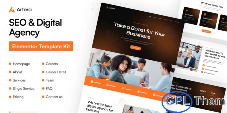 Artera – SEO & Digital Agency Elementor Pro Template Kit Artera is a modern and professional Elementor Pro Template Kit designed specifically for SEO agencies, digital marketing companies, and online growth-focused businesses. With its trend-forward layout and visually striking design, Artera makes it easy to build a high-performing website that showcases your services, case studies, and marketing expertise.