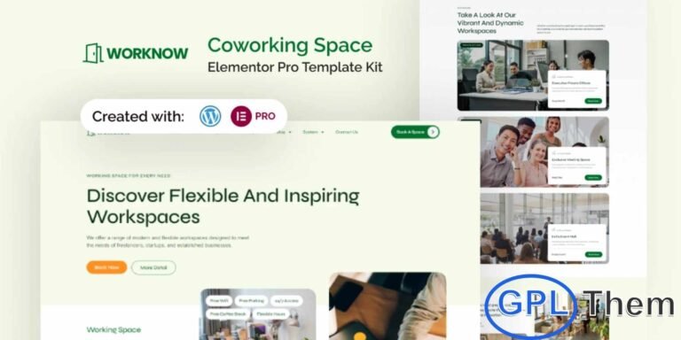 Worknow – Coworking Space Elementor Pro Template Kit Worknow is a premium Elementor Pro Template Kit crafted exclusively for coworking spaces, shared offices, creative studios, and flexible workspace businesses. Designed to help you build a modern, professional WordPress website without writing a single line of code, Worknow combines sleek layouts with powerful functionality.