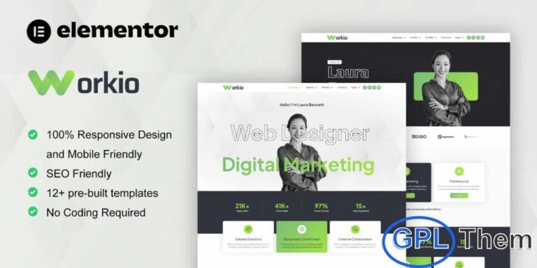 Workio – Digital Service & Creative Portfolio Elementor Template Kit Workio is a modern Elementor Template Kit designed for Digital Service and Creative Portfolio websites. Featuring 12+ professionally crafted templates, it offers a clean, stylish, and highly responsive layout ideal for showcasing your services with impact.