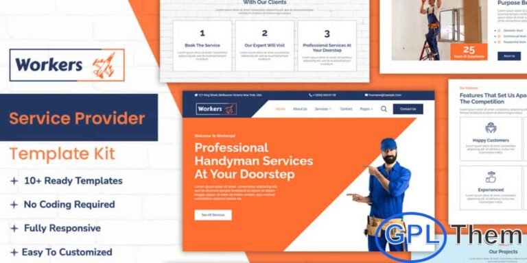 WorkersJet – Handyman & Repair Service Elementor Template Kit WorkersJet is a modern Elementor Template Kit designed specifically for professional handyman and repair service websites. Whether you offer electrical work, cleaning services, plumbing, painting, or general home repairs, this kit provides everything you need to build a clean, engaging, and high-converting website.