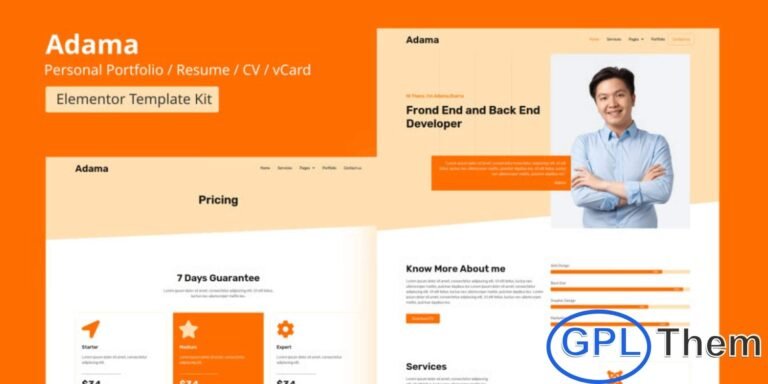 Adama – Personal Portfolio & Resume Elementor Template Kit Adama is a modern and fully responsive Elementor Template Kit designed for personal portfolios, resumes, CVs, and vCard websites. With a clean and professional design enhanced by a vibrant and appealing color palette, Adama is perfect for individuals, freelancers, and agencies looking to showcase their skills, services, and projects.