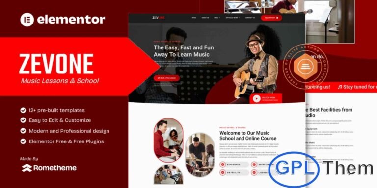 Zevone – Music Lessons & School Elementor Template Kit Zevone is a professionally designed Elementor Template Kit crafted specifically for music schools, private instructors, online music courses, and training academies. With a clean, modern layout and easy drag-and-drop customization, this kit helps you build a visually engaging and responsive WordPress website in minutes.