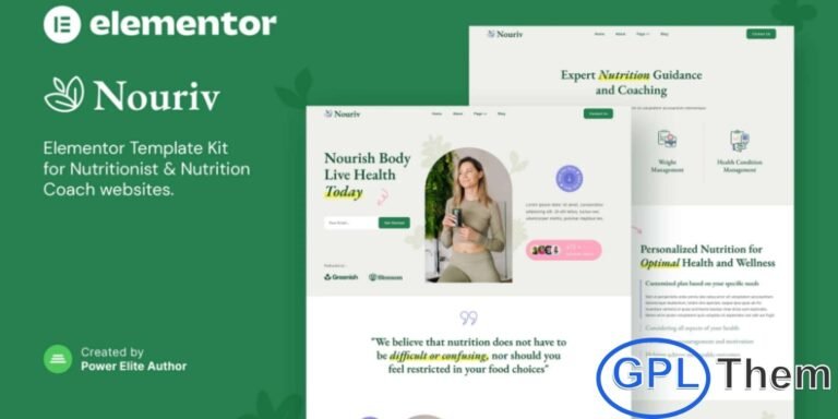 Nouriv – Nutrition Coach & Nutritionist Elementor Template Kit Nouriv is a modern and beautifully designed Elementor Template Kit crafted for Nutritionists, Nutrition Coaches, Dietitians, and Wellness & Nutrition Therapy professionals. Its clean and fresh layout helps you build a professional website that highlights your services, programs, and expertise with ease.