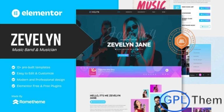 Zevelyn – Music Band & Musician Elementor Template Kit Zevelyn is a modern and dynamic Elementor Template Kit designed specifically for music bands, solo musicians, performers, and music-related brands. With its bold layouts and visually striking design, this kit helps you create a professional online presence to showcase albums, events, tour dates, tracks, and artist profiles.