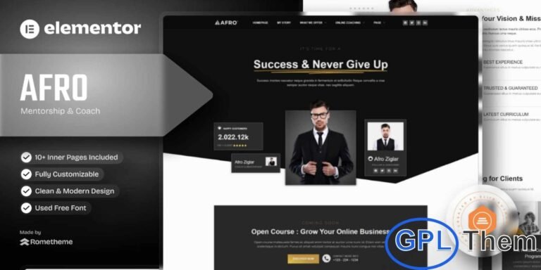 AFRO – Mentorship & Coaching Online Elementor Template Kit AFRO is a modern and fully responsive Elementor Template Kit designed for mentorship programs, online coaching, business consulting, and educational services. With clean, professional, and customizable layouts, AFRO makes it easy to create a polished website for coaches, teachers, mentors, or agencies.