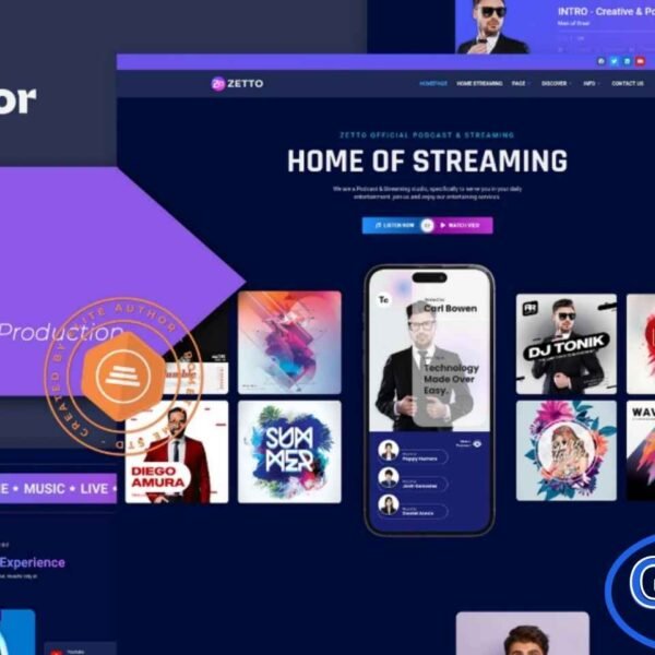 Zetto – Podcast & Streaming Production Elementor Template Kit Zetto is a modern and fully responsive Elementor Template Kit designed for podcast creators, streaming studios, music producers, and video production brands. Featuring 14+ professionally crafted templates, it offers a clean, stylish, and high-performing layout that helps you build a standout digital presence. The kit is highly customizable through Elementor, allowing you to adjust every section without writing any code.