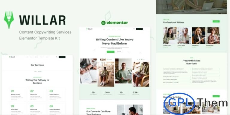 Willar – Content Copywriting Services Elementor Template Kit Willar is a modern and clean Elementor Template Kit designed specifically for content writing, copywriting, SEO content creation, and social media management services. With its sleek and professional layout, this kit helps you build a compelling online presence that attracts clients and showcases your expertise.