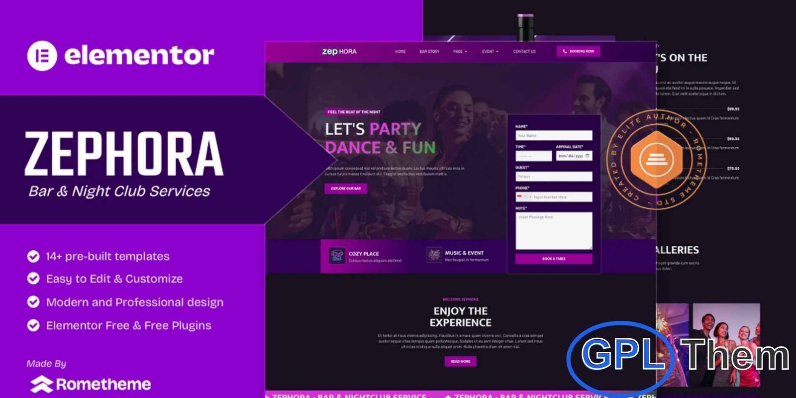 Zephora – Bar & Night Club Services Elementor Template Kit Zephora – Bar & Night Club Services Elementor Template Kit Zephora is a premium Elementor Template Kit crafted exclusively for Bar, Lounge, Night Club, and Event entertainment websites. Designed with a bold, modern, and energetic aesthetic, this template kit helps you create a vibrant online presence that perfectly reflects the nightlife atmosphere.