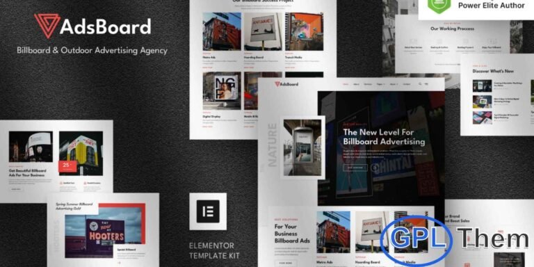 AdsBoard – Billboard & Outdoor Advertising Agency Elementor Template Kit AdsBoard is a sleek and modern Elementor Template Kit designed for billboard and outdoor advertising agencies, mall advertising, media promotions, and related businesses. Featuring a professional and clean design, it offers a 100% responsive layout and retina-ready visuals for a flawless display on all devices.